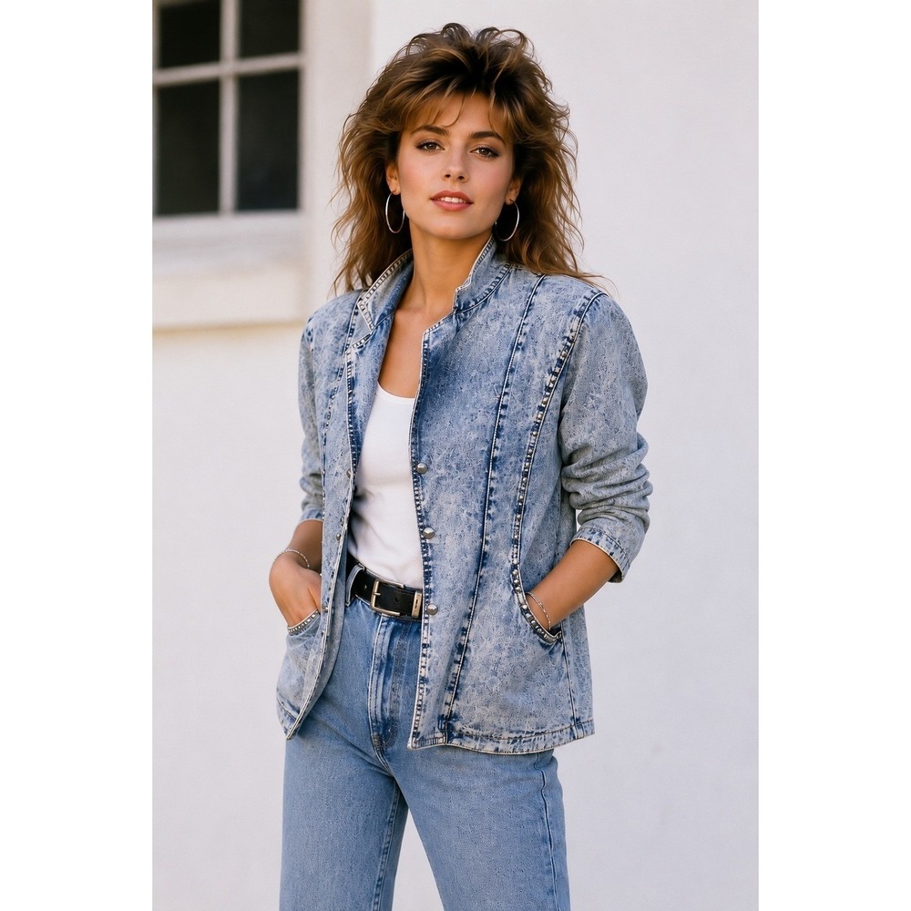 Vintage 80s Acid Wash Fitted Denim Blazer Studded Rhinestones Glam Rock Sz 13/14